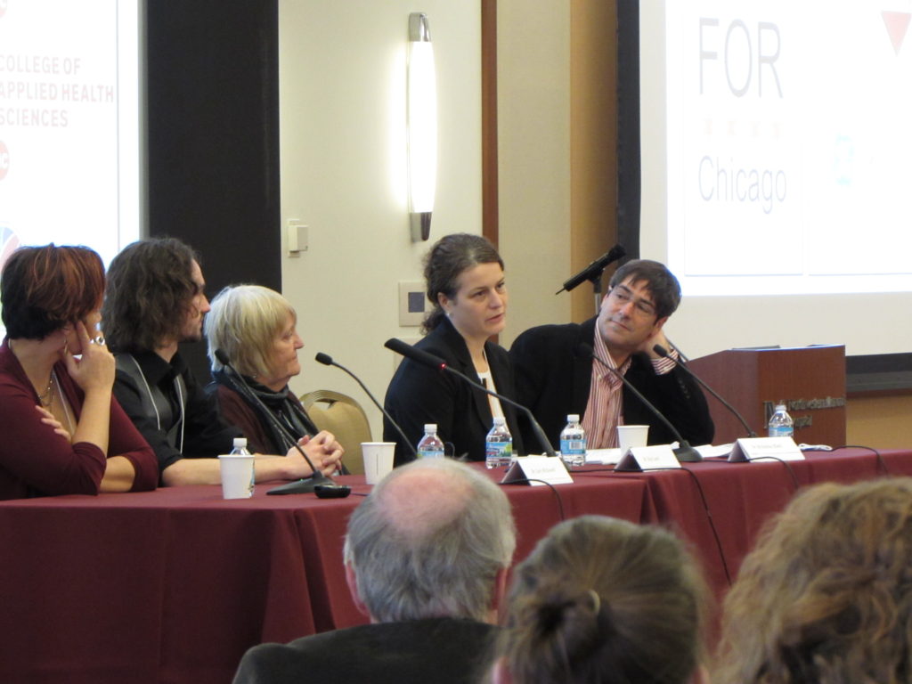 Panel discussion with (L-R) Mary O'Riordan, University of Michigan; Gary McDowell, FoR; KAy Lund, Director of the Office for the Biomedical Research Workforce at NIH; Krisztina Eleki, Chicago Council on Science and Technology; and Richard Harris, NPR. By Natasha Wadlington